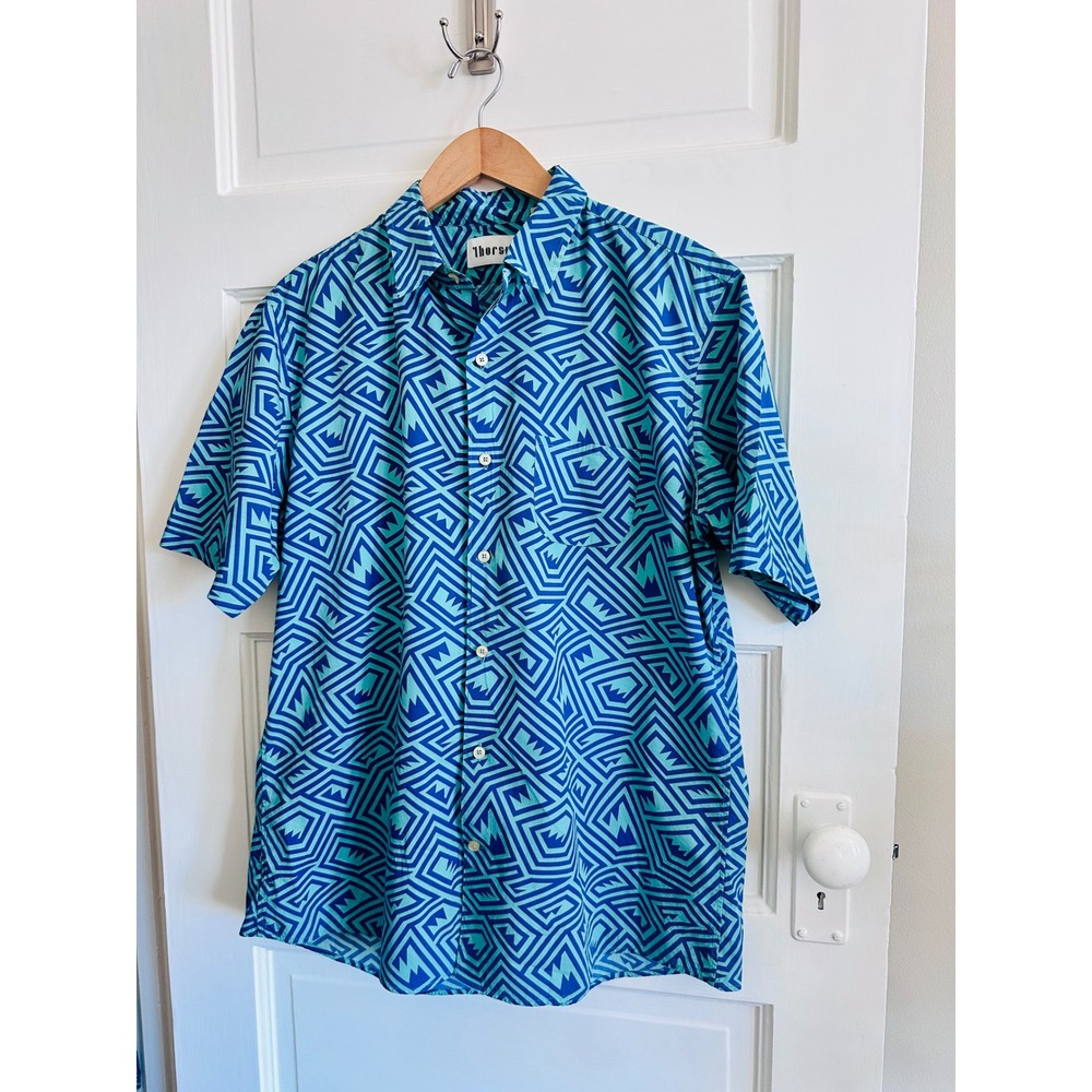Thorsun Mens Large Blue Teal Geometric Maze Print Cotton Shirt, Sz L